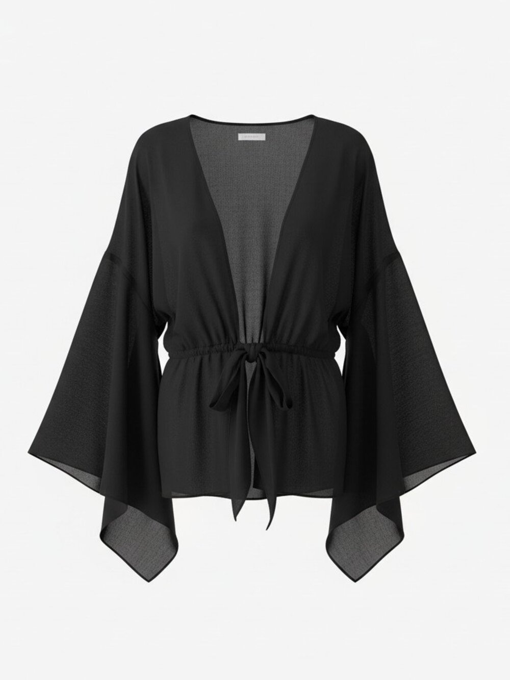Revamped Black Semi-Sheer Tie-Front Cardigan Top w/ Wide Sleeves - Size Medium
